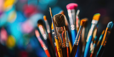 Fototapeta premium Assortment of brushes, pencils and sculpting tools. Different types of sculptor's or artist's supplies.