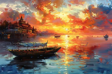 oil painting on canvas, Togian Islands Indonesia sunset over caribbean sea, dramatic sky, traditional boat floating in the Togean Islands, Sulawesi, travel destination in Indonesia - obrazy, fototapety, plakaty