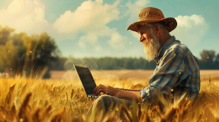 .The farmer uses a laptop on the background of the field․