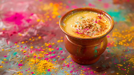 Traditional Indian Kesariya Thandai Or Kesaria Sardai milk flavored beverage drink in traditional glass with Holi powder colors. Happy Holi concept