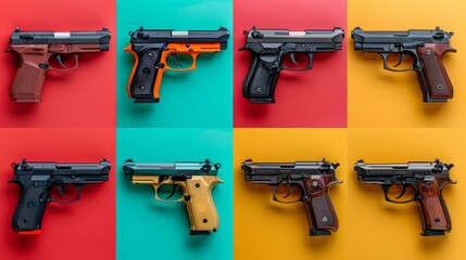a series of six different colored guns on a colorful background - obrazy, fototapety, plakaty