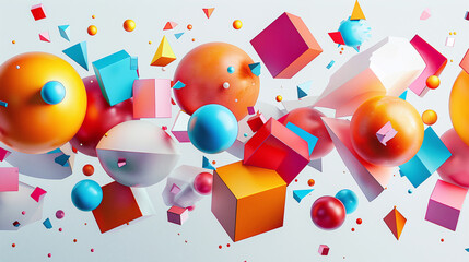 Vibrant 3D Geometric Shapes Floating with Spheres in a Soft White Space