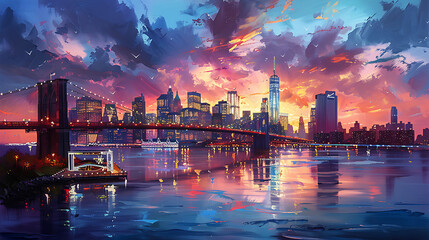 oil painting on canvas, New York City - beautiful sunset over manhattan with manhattan and brooklyn bridge, USA