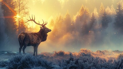 A majestic stag stands tall in a misty forest at sunrise, creating a serene and captivating wildlife scene