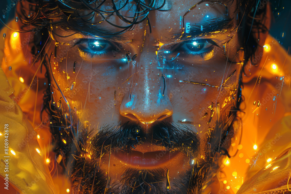 Poster futuristic man with illuminated eyes in a cyberpunk setting