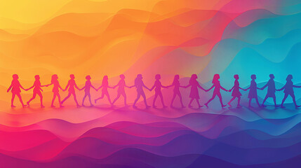 Silhouette People Holding Hands Against a Gradient of Sunset Hues with Wavy Patterns