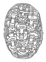 Faces and Expressions Pen and Ink Drawing Composition of Simplistic Tribal Faces 