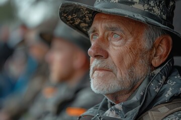 Obraz premium An image focused on a veteran's attire, deliberately blurring his face to maintain anonymity while showcasing military elements