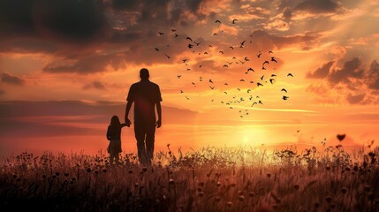 silhouette father with little daughter walk at sunset. father's day background concept