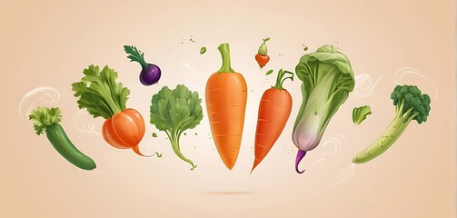 isolated on soft background with copy space flying Vegetables concept, illustration