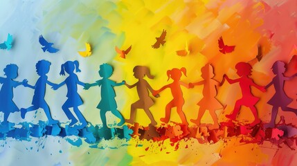 Silhouettes of children playing on a colored background. The children are holding hands. Children Protection Day.