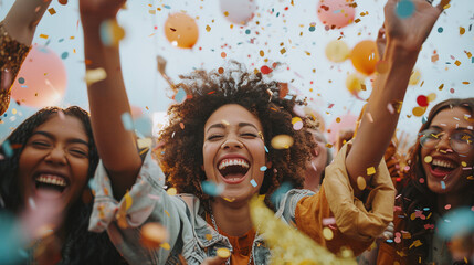 Obraz premium Joyful Women Celebrating with Confetti at Outdoor Party Clear Sky Background