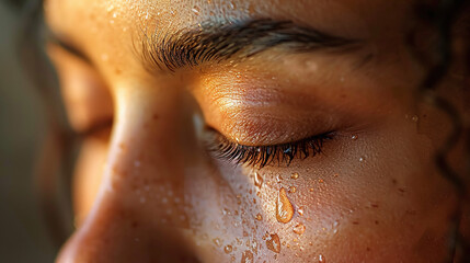 Close up of Tear on Woman's Face with Sweaty Skin and Detailed Eyelashes Reflecting Emotion and Struggle