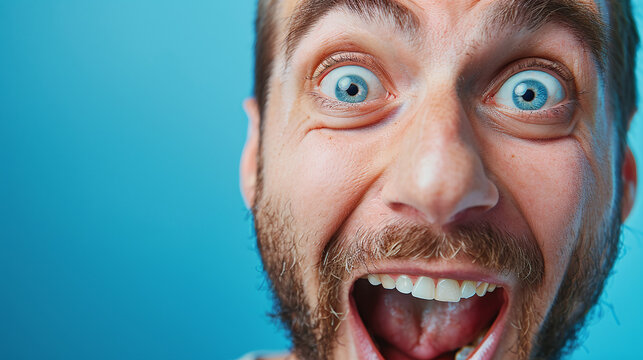 Close up Portrait of Excited Man with Wide Eyes and Open Mouth on Blue Background