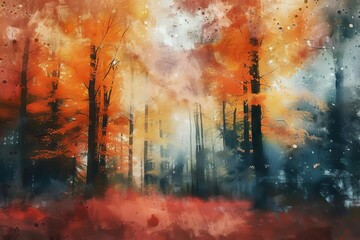 dreamy abstract autumn forest landscape with multicolored leaves artistic digital painting effect