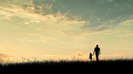 silhouette father with little daughter walk at sunset. father's day background concept