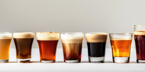 Assortment of fresh brewed coffee in glass cups. Different types of coffee background.