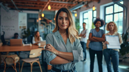 Female entrepreneur standing with arms crossed while colleagues working in creative office Stock Photo photography