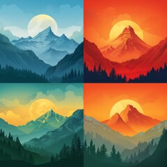 a set of four different landscapes with mountains and trees