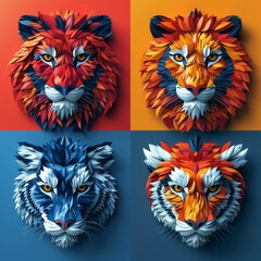 a set of three paper animal heads on a colorful background