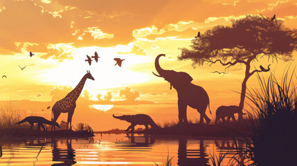 Silhouette of African wildlife at sunset by the water