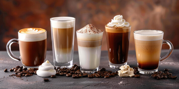 Assortment of fresh brewed coffee in glass cups. Different types of coffee background.