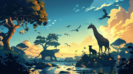 African wildlife in a serene sunset landscape illustration