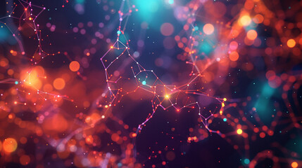 A network of digital particles connected by colorful, electric strands in an abstract visualization.