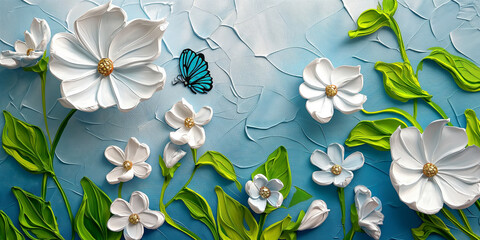 White Blossom flowers with blue butterfly in artistic oil painting. Summer art illustration.