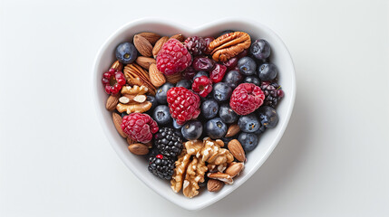 Heart Shaped Bowl Full of Nuts and Berries on White Background Healthy Eating Concept