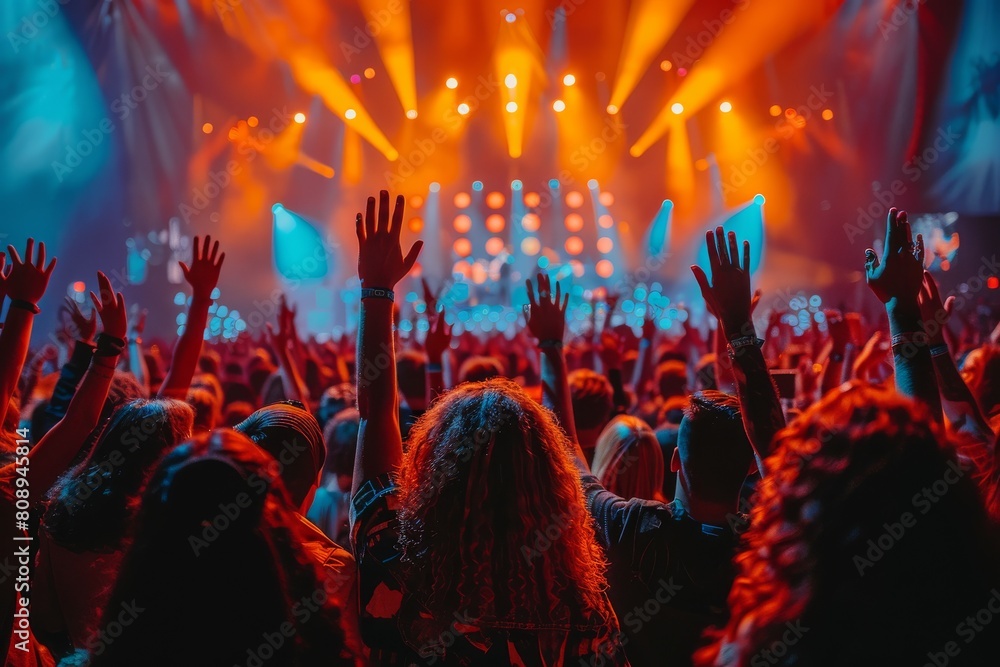 Poster a striking view of a concert crowd from behind, immersed in stage lights, highlighting unity and sha