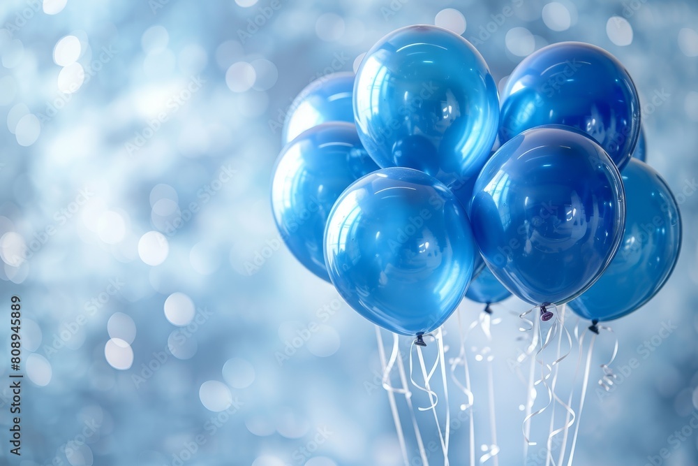 Poster elegant blue balloons floating gracefully with a sparkling bokeh light background
