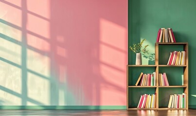 Pink and green pastel color wall background with books on shelf and sunlight shining through the...