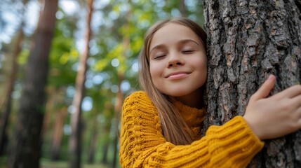 a young girl hugging a tree in a forest