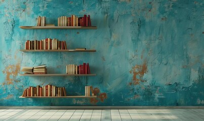 Teal and white vintage grunge background with wood plank floor. Retro wallpaper with bookshelf.