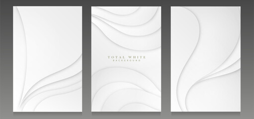 Total white cover set, elegant design. Wavy shapes with shadows on clear background for invitation, shiny flyer, catalogue, wedding, deluxe brochure. Space for text, vector illustration template.