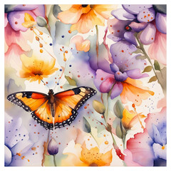 butterfly and flower. Watercolor artwork showcasing a lush spring meadow adorned with blooming flowers and butterflies. Perfect as a spring aquarelle wallpaper or floral backdrop.