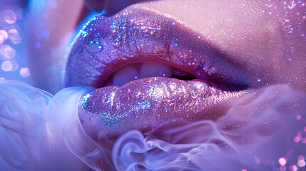 Close up of Sparkling Pink Glitter Lips with Soft Blue Light Background and White Fabric Accents