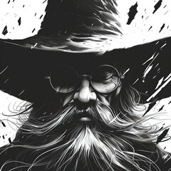 Black and white portrait of an old wizard with long beard and hat.