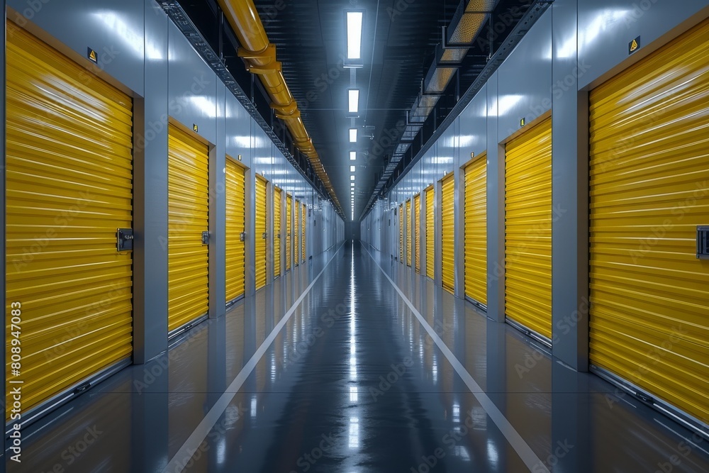 Poster a symmetrical image of an empty corridor flanked by bright yellow storage units, evoking order and p