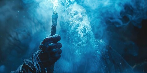 Blue smoke curling around a mysterious figure's hand holding a glowing orb.