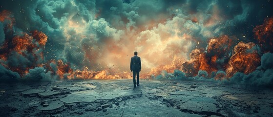 Man standing before explosive fiery clouds in apocalypse.