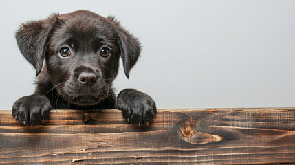 Adorable Black Labrador Puppy Peeking Over Wooden Fence on Grey Background