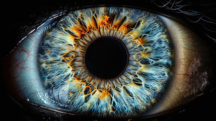 Detailed Human Eye Closeup Showing Blue Iris Texture and Fiery Golden Accents on Black Background