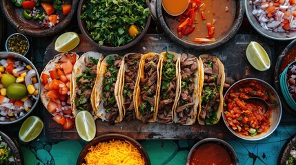 Top view of mexican food with tacos in bowls on wooden table.
