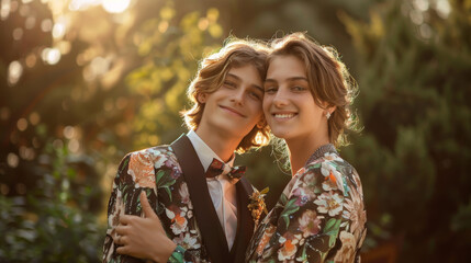 A portrait of LGBTQ couple going to a high school prom together in a matching suit and dress. Stock Photo photography