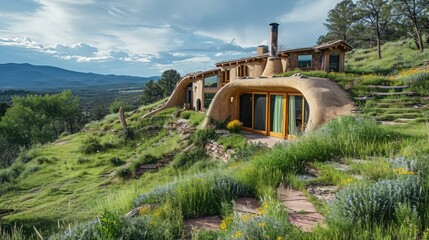 Earthship-style homes blending with nature. Copy Space.