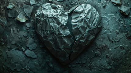 Textured Dark Green Cracked Heart Sculpture on Rough Surface Symbolizing Heartbreak and Healing