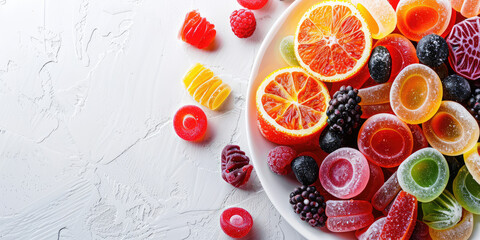 Assortment of of Colorful sweet candy. Different types of sweets background.