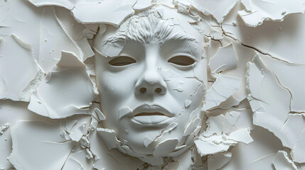 White Cracked Paint Mask Buried in Textured Background Expressing Concealment and Fragility